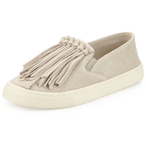 $250 Tory Burch Fria Fringe Tassel Light Grey Suede Slip On Sneakers size 8 - Picture 2 of 11